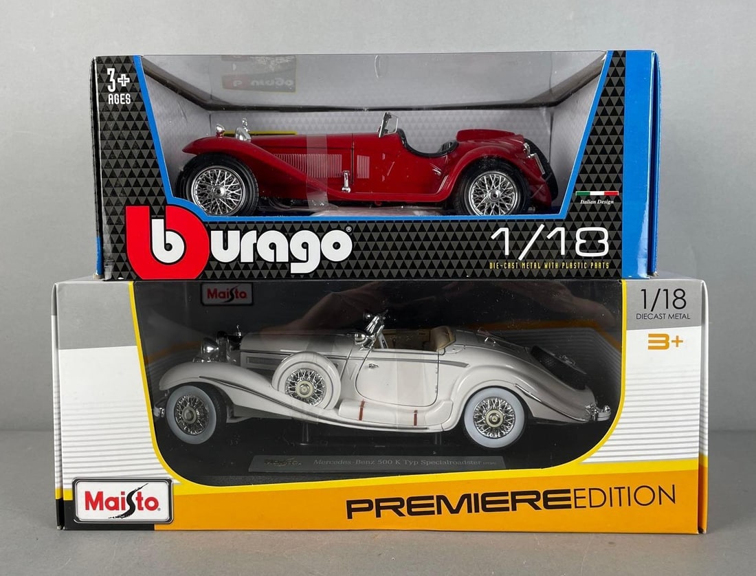 Group of 2 Die-Cast Antique Cars: Includes Mercedes 500 K special roadster, Alfa Romeo 2300 spider, 1/18 scale