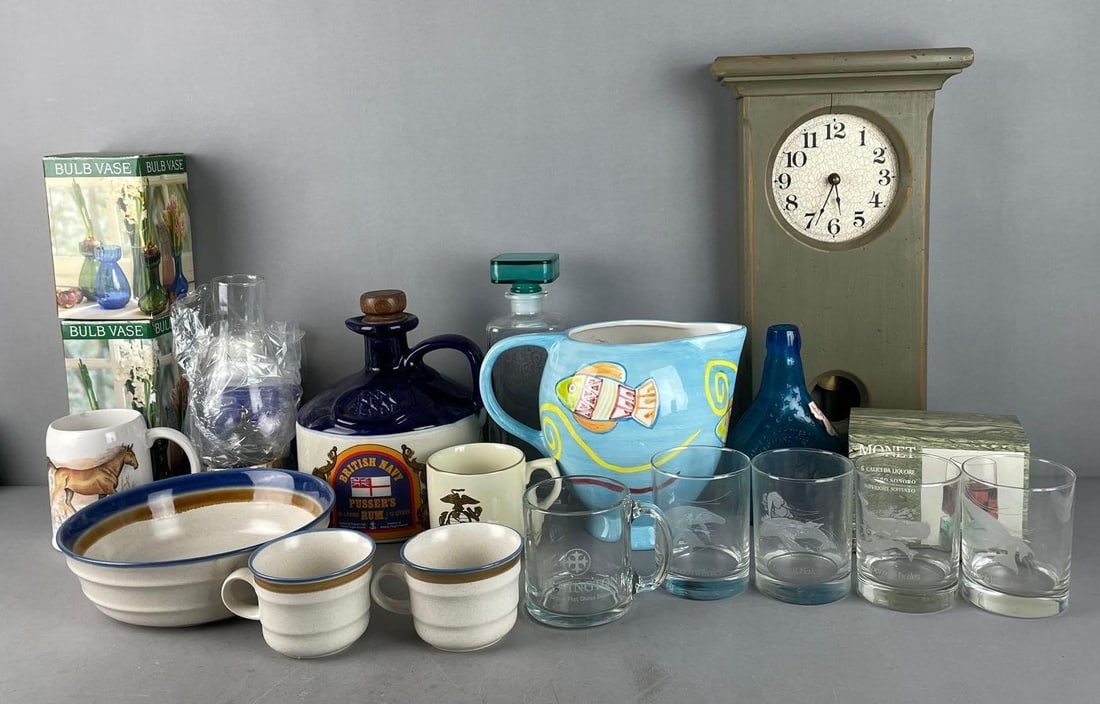 Group of Glassware and More: Includes craftstone mugs and bowl, clevenger bros factory sample bottle, oil lamp, untested clock measures 17 1/2" tall
