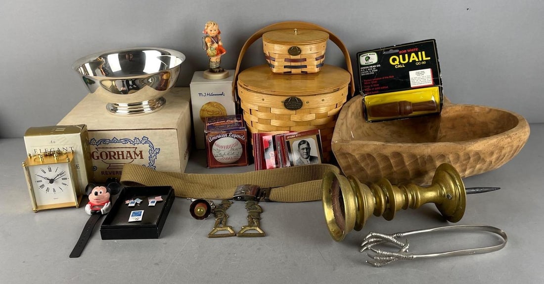 Group of Assorted Items: includes Gorham silver plate bowl, Hummel figurine, peterboro baskets, Mickey Mouse digital watch