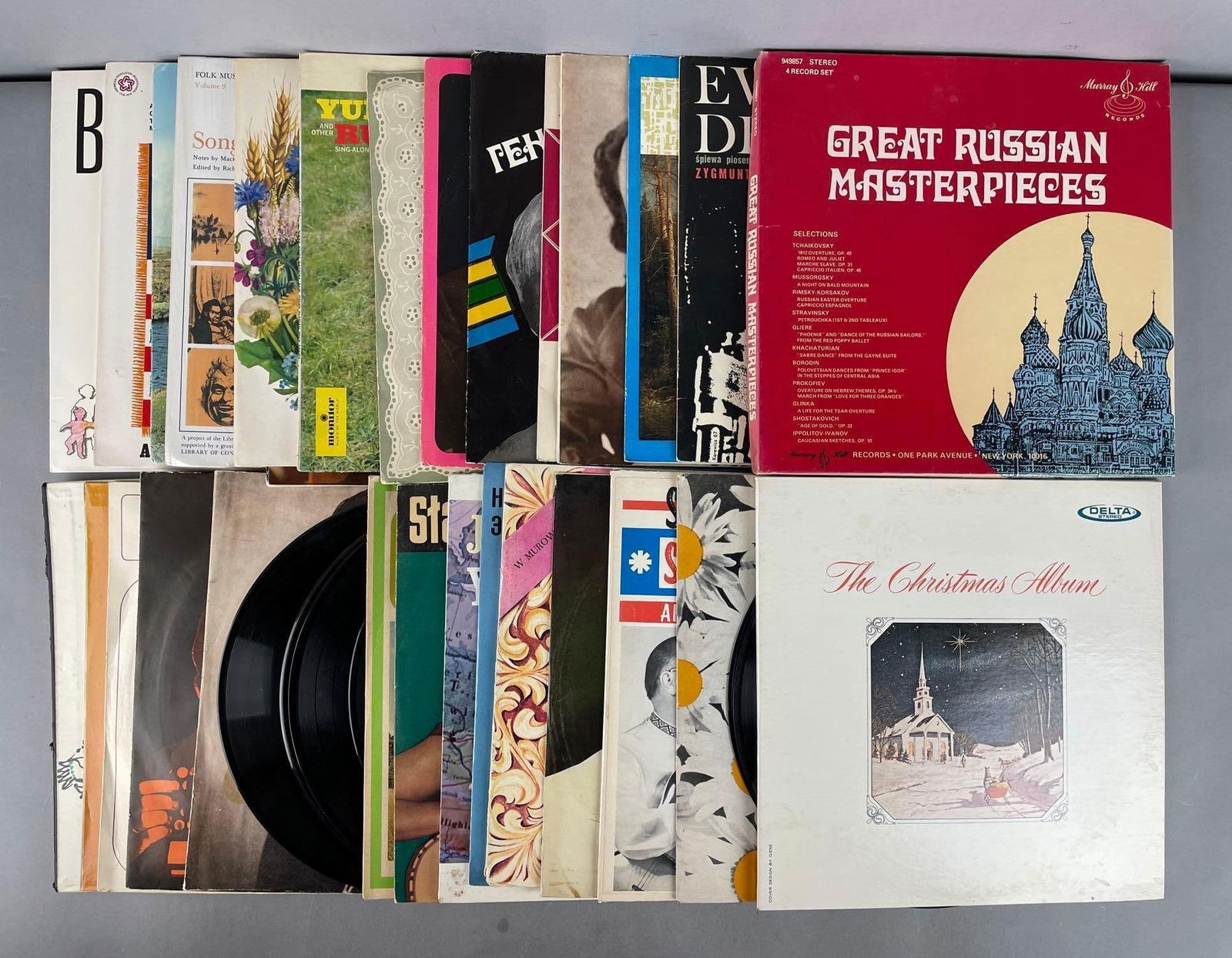 Group of Russian Vinyl Records and More: Includes Christmas, polish folk songs, Georgian music