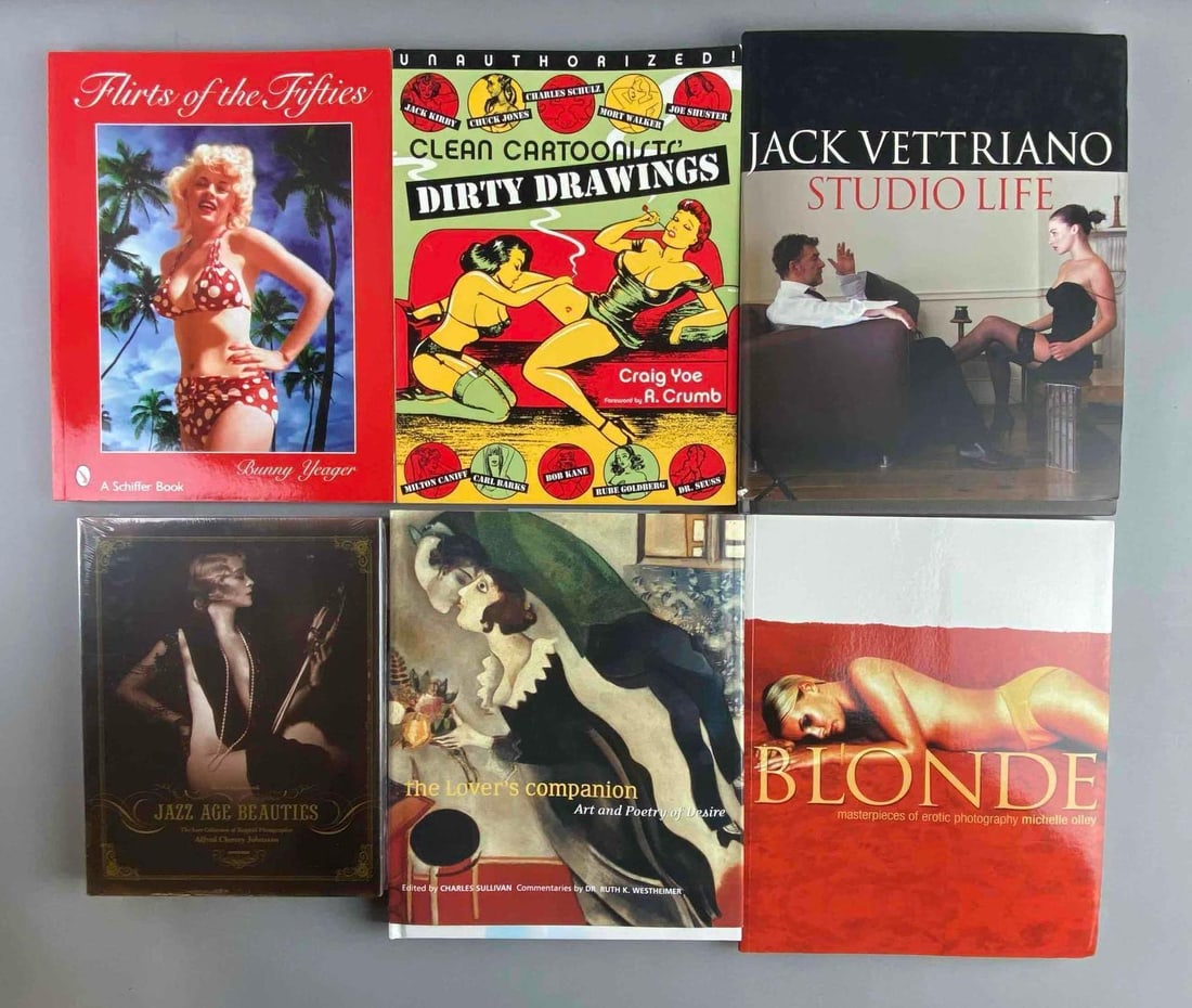 Group of Assorted Erotic Literature Books: Includes Blonde, Flirts of the Fifties, and more. Largest measures L 10 x W 9 inches.