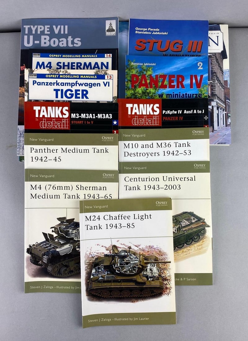 Group of Assorted Osprey Modeling Tank Manuals and More: Includes M4 Sherman, Stug III, and more. Largest measures L 12 x W 9 1/2 inches.