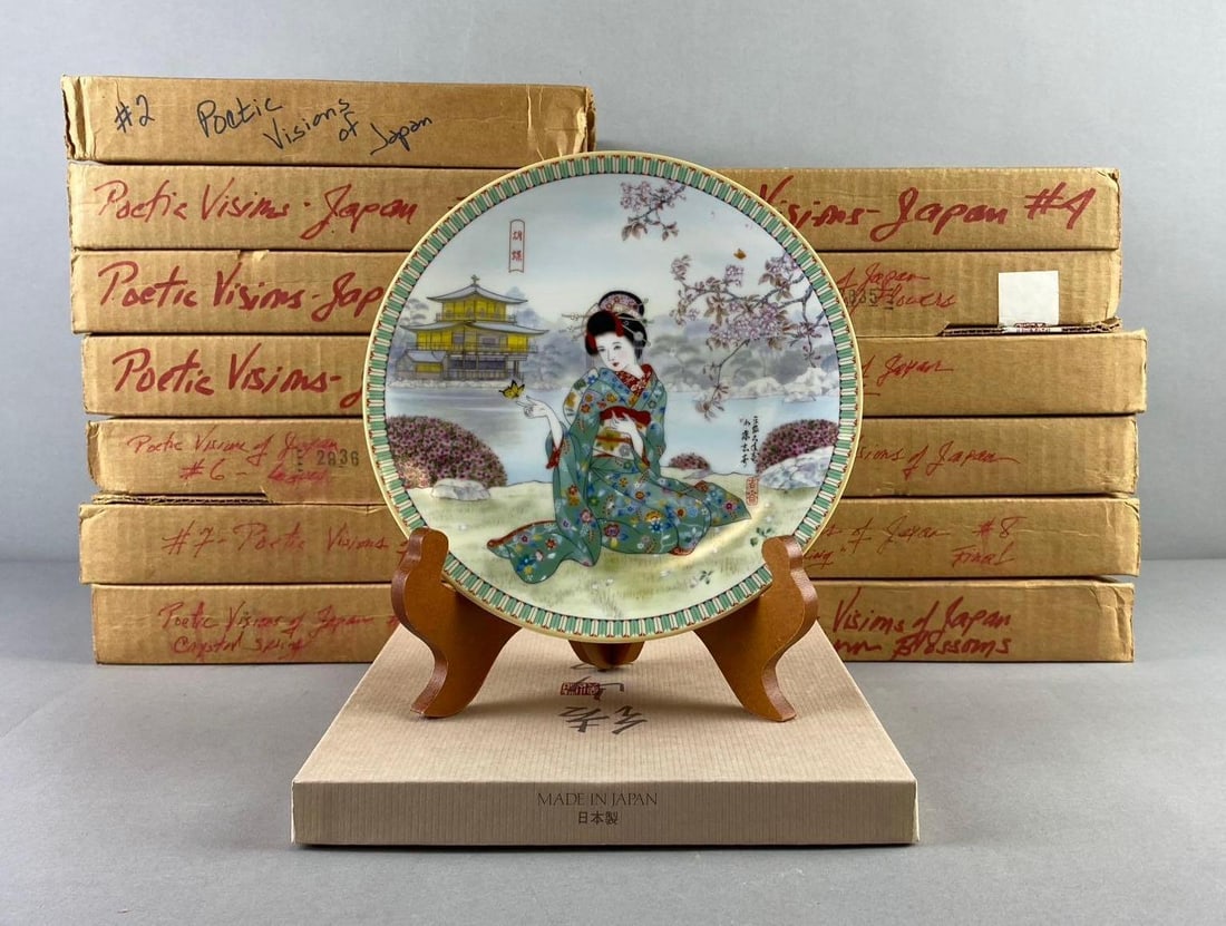 Group of 13 The Bradford Exchange Poetic Visions of Japan Plates: Includes crystal Springs, Plum Blossom, and more. One plate measures 8 1/2” in diameter. Like new in original packaging. Plate stand not included.