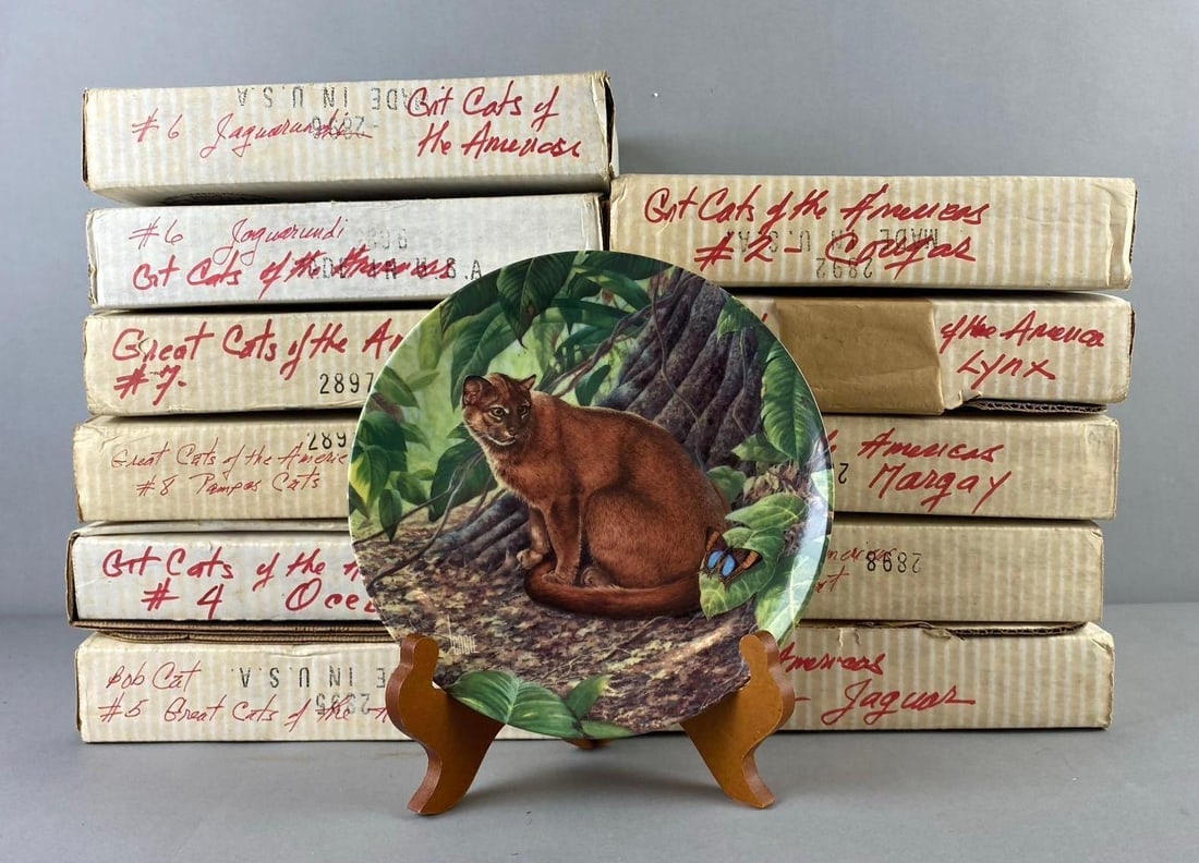 Group of 11 The Bradford Exchange Great Cats of The Americas Plates and More: Includes Jaguar, Cougars, and more. Like new in original packaging. One plate measures 8 1/2” in diameter. Stand not included.