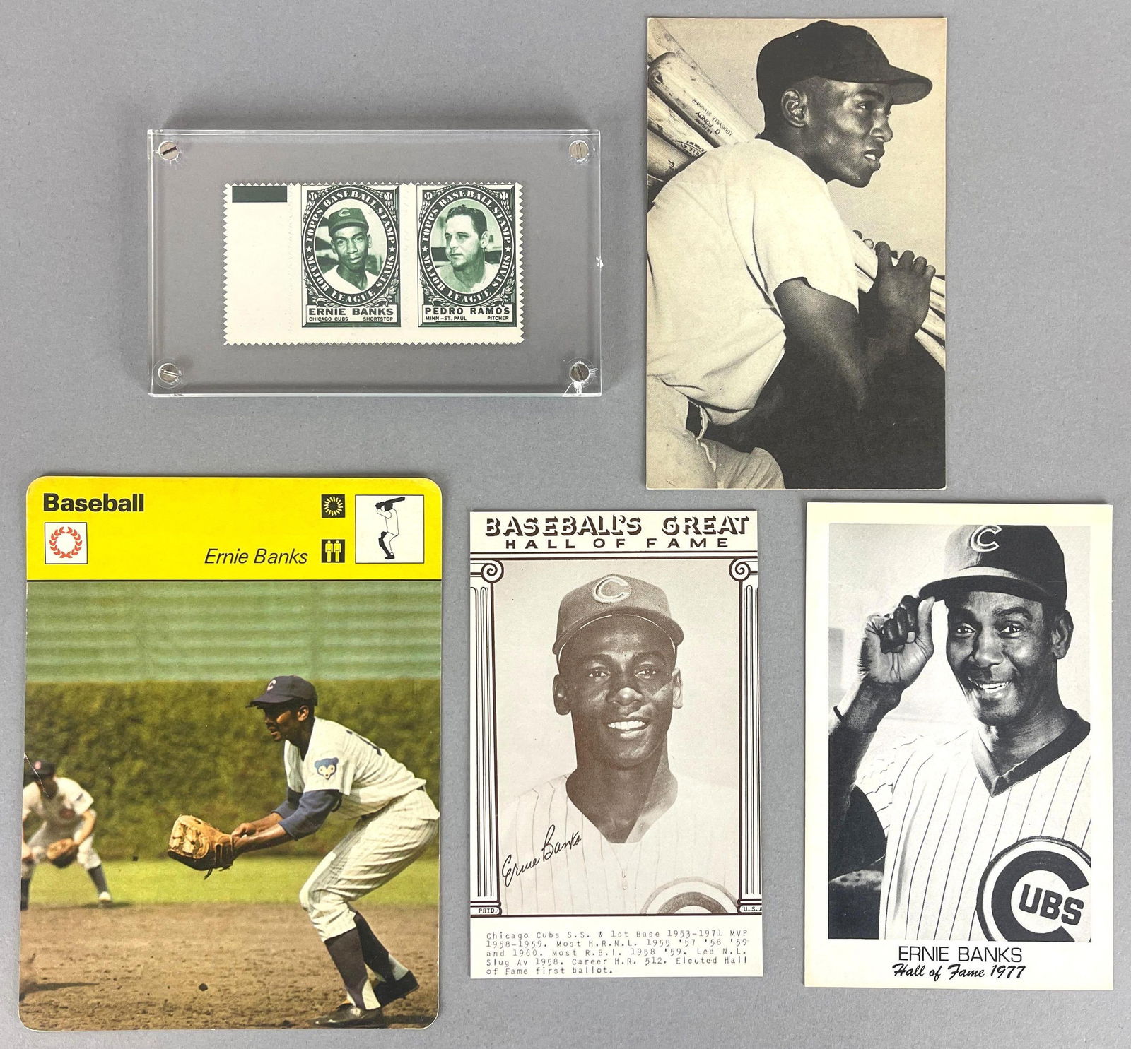 1961 Topps Stamps Uncut Sheet with Ernie Banks + 4 - Other Ernie Banks Cards: 1961 Topps Stamps Uncut Sheet with Ernie Banks + 4 - Other Ernie Banks Cards, Largest Measures 4 3/4 x 6 1/2 Inches