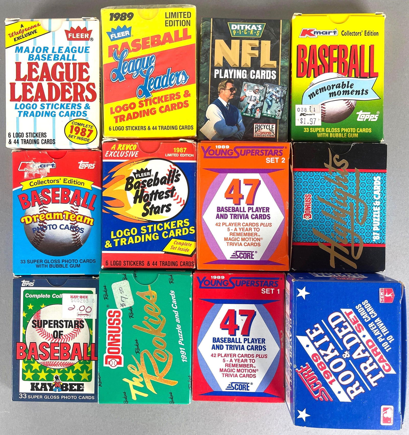 1987 - 91 Baseball Cards, Trivia, and Stickers + 1993 Ditkas Picks Playing Cards: 1987 and 89 Fleer League Leaders, 89 Score Rookie and Traded, 87 Fleer Hottest Stars, and More