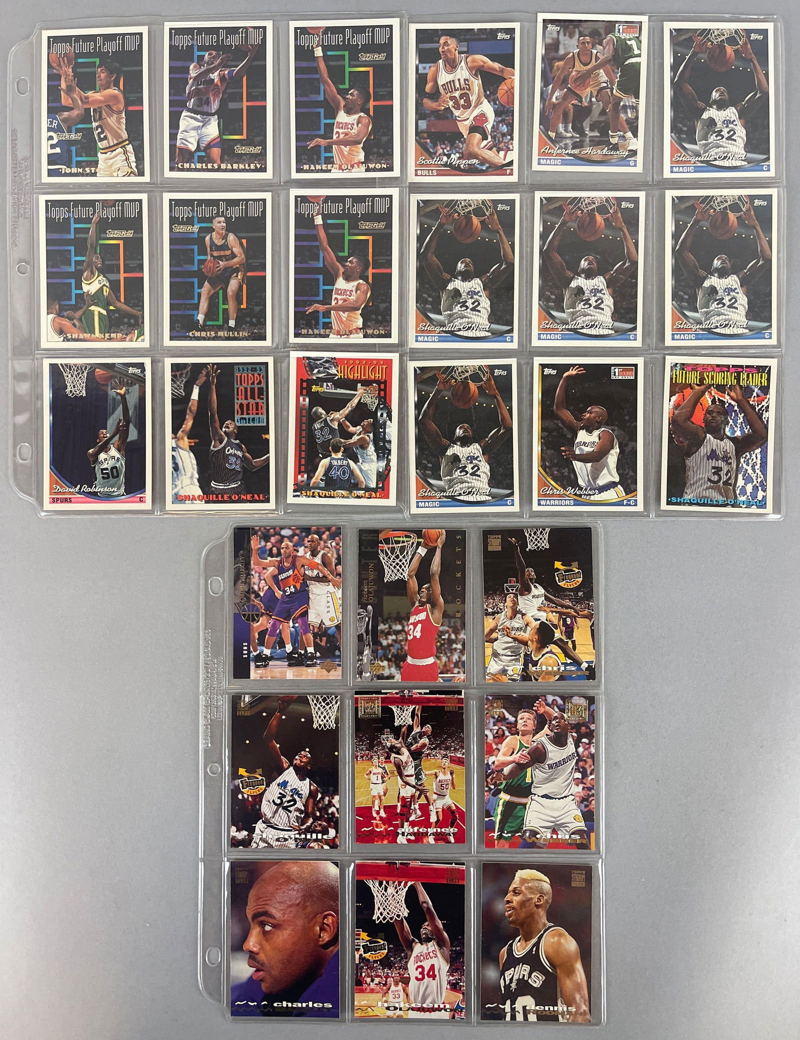 27 - 1992 - 94 Basketball Card with HOFs, Stars, and Rookies: 5 - 1993 Topps Shaquille ONeal #181 Rookie, 1992 - 93 Topps Highlight #3, and More