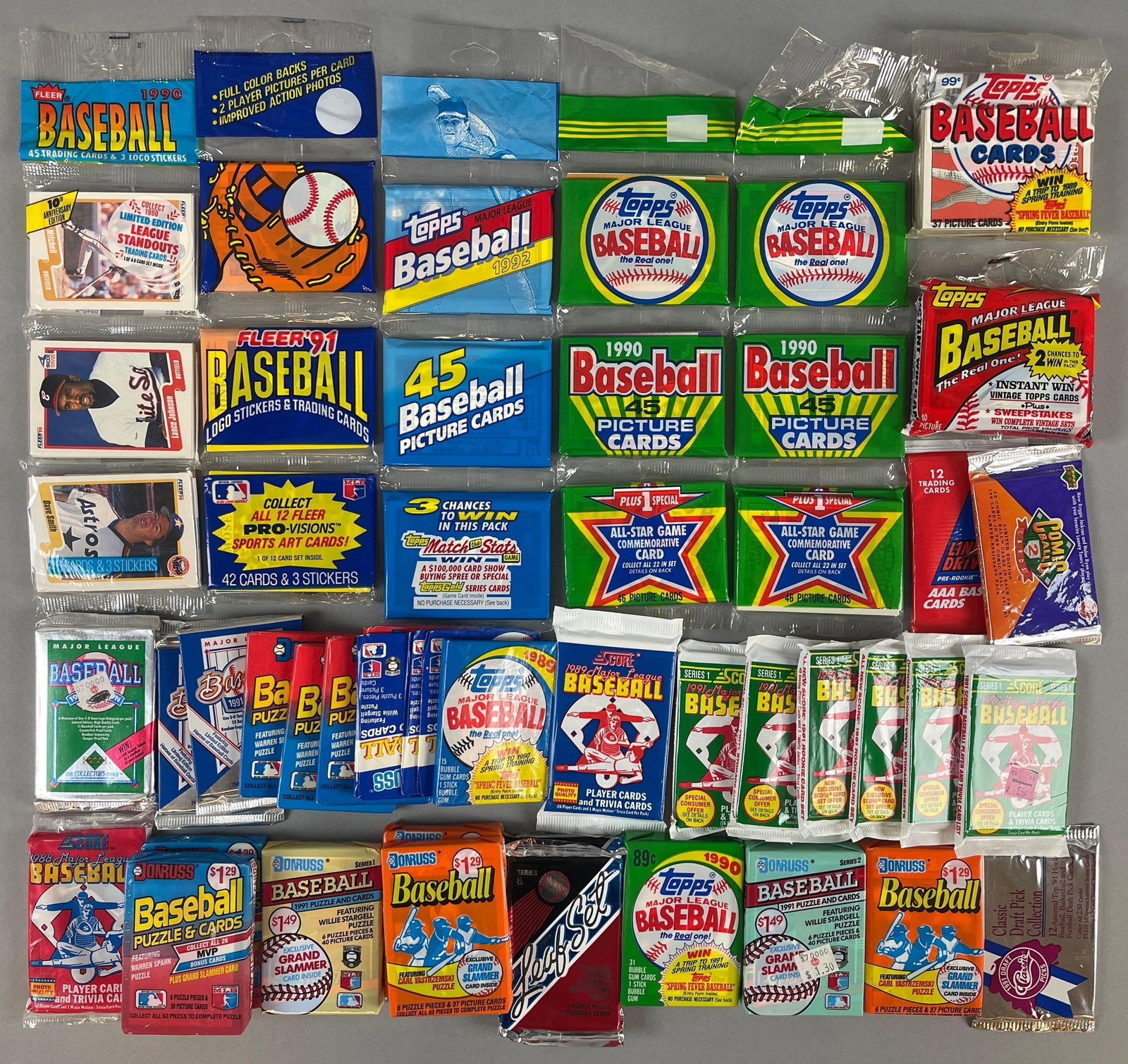 40 - 1989 - 92 Baseball Wax, Cello, Rack Packs: Topps, Fleer, Donruss, Score Baseball, 7 - Rack packs, and more cello and wax pack