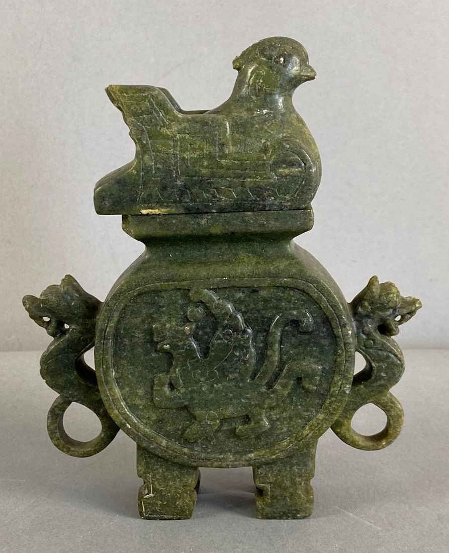 Chinese Carved Green Soapstone Censer: Features mythological beast motif, Measures 6” H x 5” W x 1 1/2” D