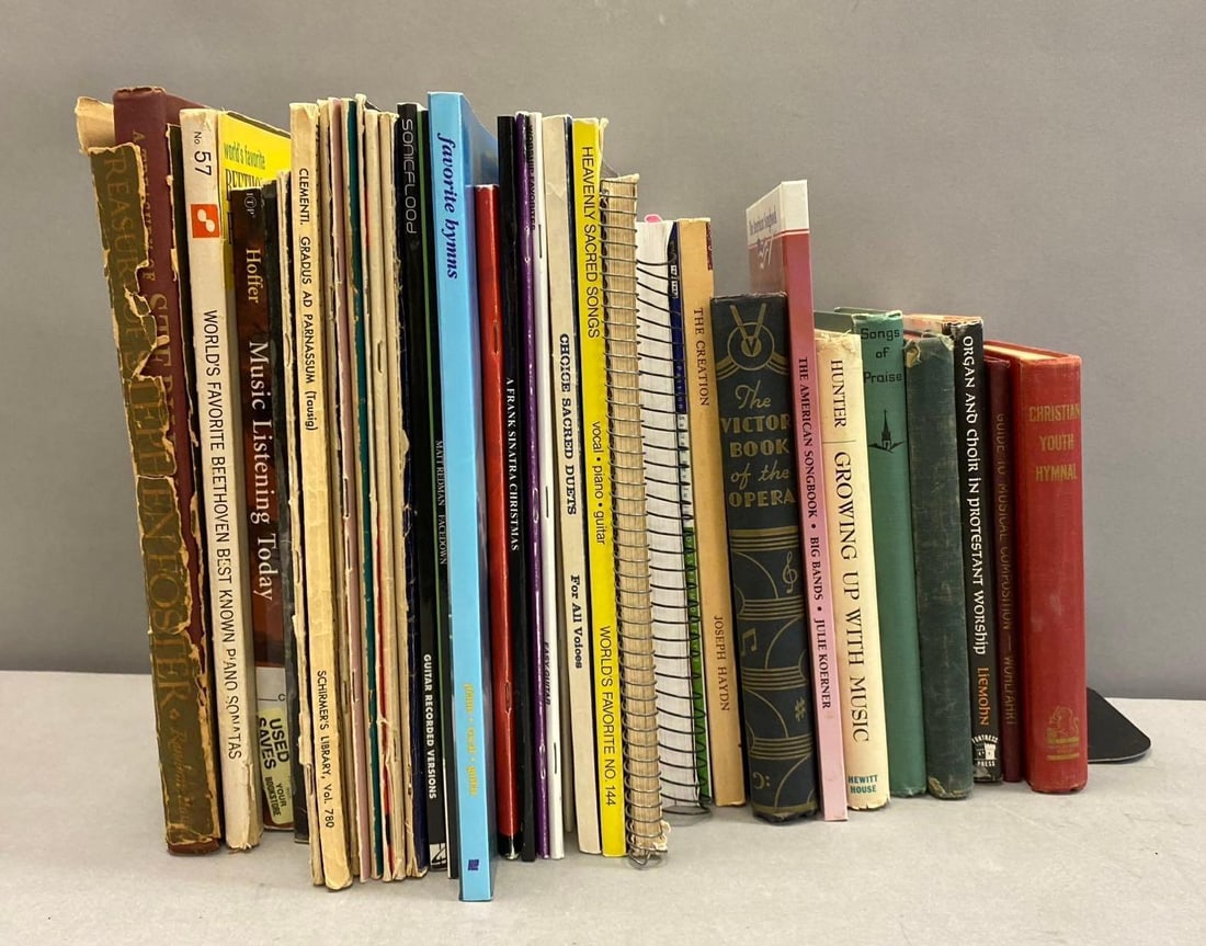 Group of Assorted Music Lessons Books and More: Includes Piano, Guitar, Hymns, and more. Largest measures L 12 x W 9 inches.