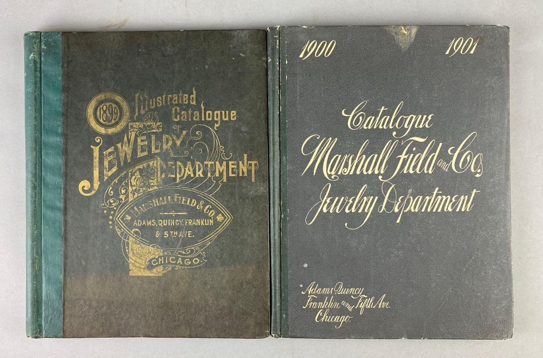 Antique 1899-1901 Marshall Field and Co. Jewelry department Catalogs: 1899 and 1900-1901 Illustrated Jewelry Department Catalogs for Marshall Field and Co. located on Adams, Quincy, Franklin and 5th Ave. Chicago, Illinois. Missing some pages. Measures L 12 x W 9 inches.