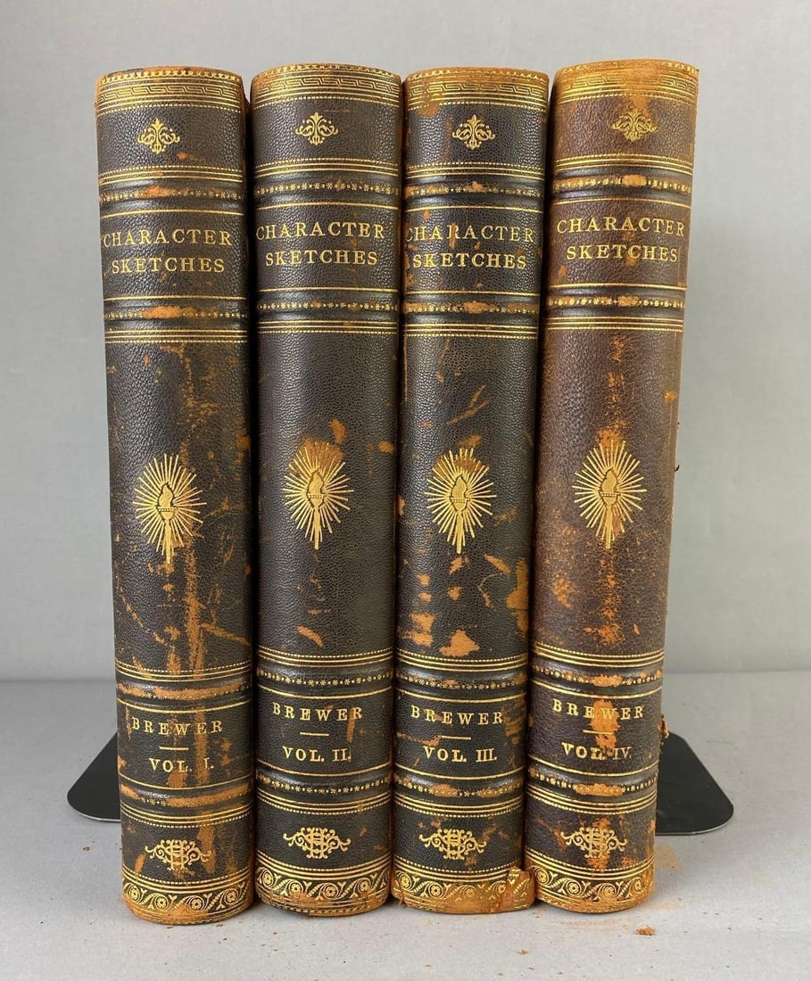 Antique Character Sketches Of Romance, Fiction And The Drama Vol. 1-4 Books: By Rev. E. Cobbam Brewer, LL. D. Circa 1892. Worn leather face and backing throughout. One book measures L 12 x W 9 1/2. Bookends not included.