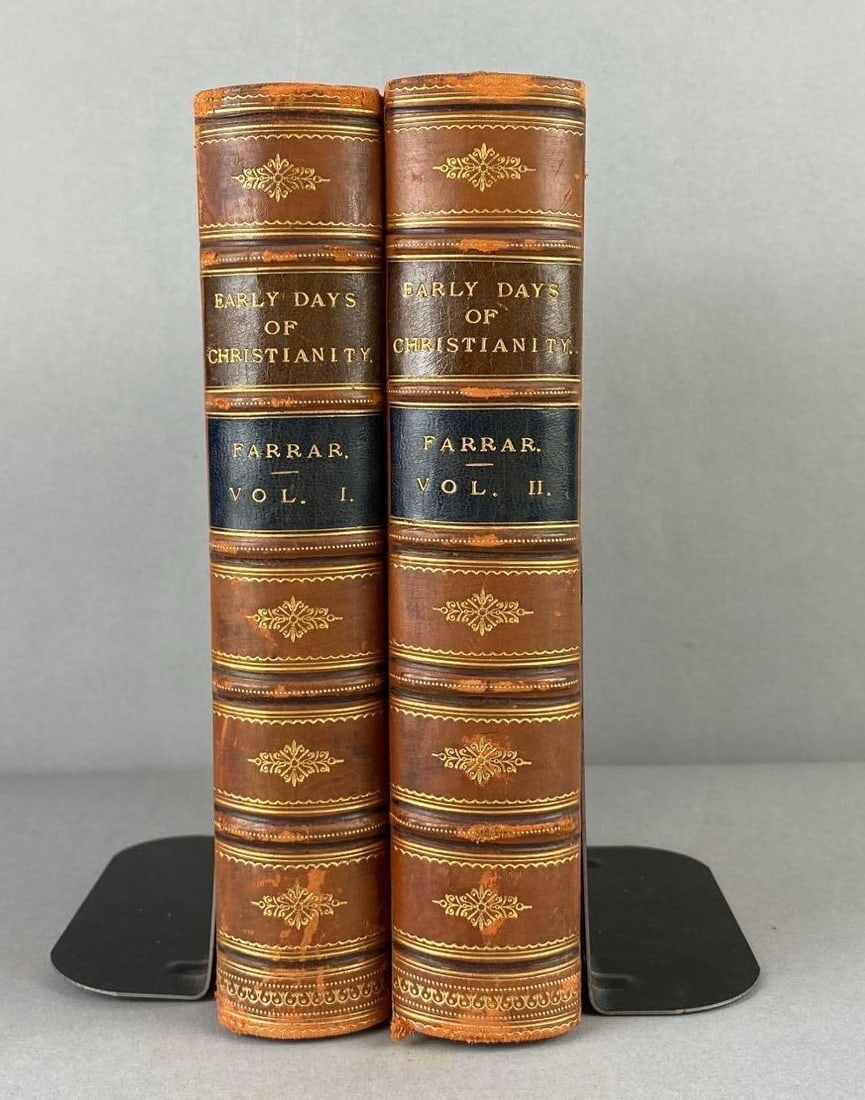 Antique The Early Days of Christianity Vol. 1-2: By. Frederic W. Farrar. Circa 1892. One book measures L 8 1/2 x W 6 inches. Bookends not included.