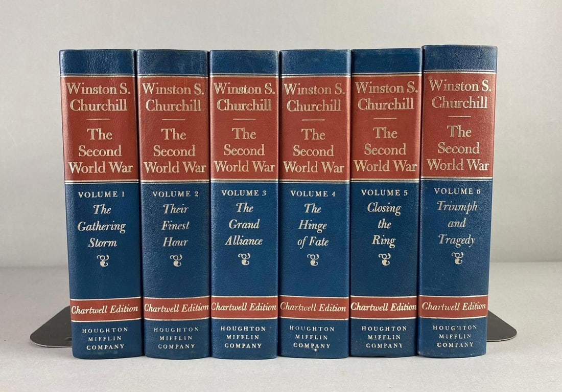 Winston S. Churchill The Second World War Vol. 1-6: 1983 Chartwell Edition Houghton Mifflin Company. Includes Their Finest Hour, The Grand Alliance, and more. One book measures L 9 x W 6 inches. Bookends not included.