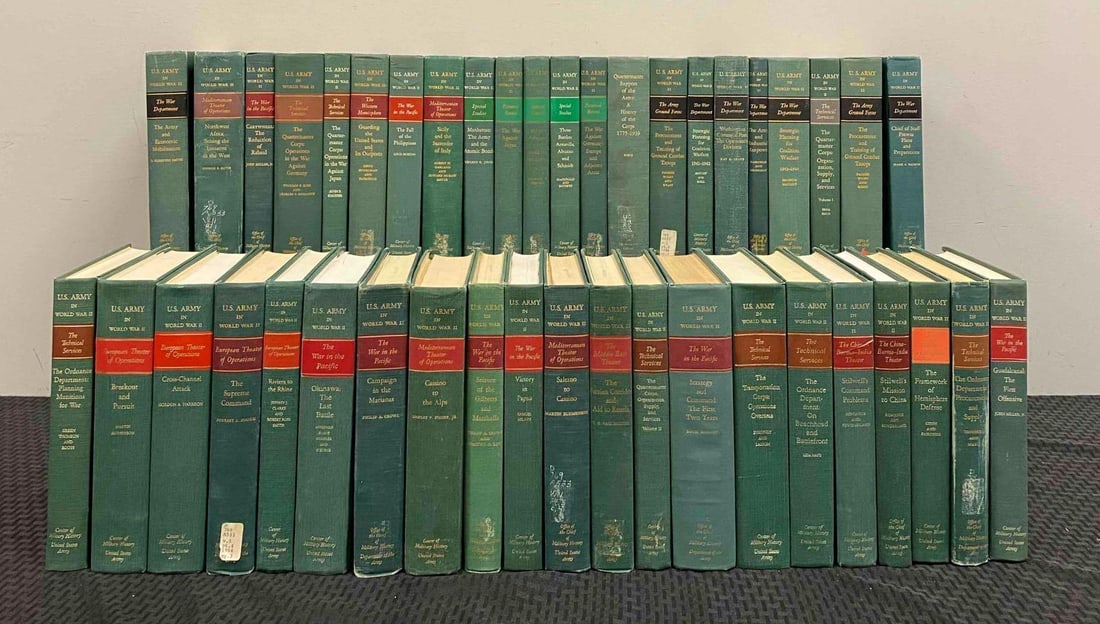 Group of 40 + U.S. Army In World War II Books: By various authors. Marked “ Property of U.S. Army on Top. Includes Guadalcanal: The First Offensive, History of the Corps 1775-1939, and more Circa 1930’s-1950’s. No in house Shipping. Third pa