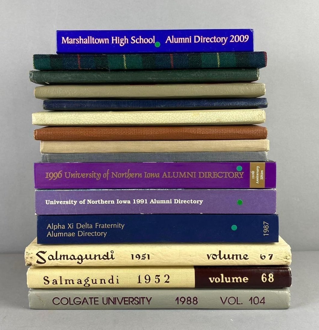 Group of Assorted Vintage Schools Yearbooks and More: Includes 1988 Colgate University, Finch Collage, and more. Largest measures L 12 x W 9 inches.