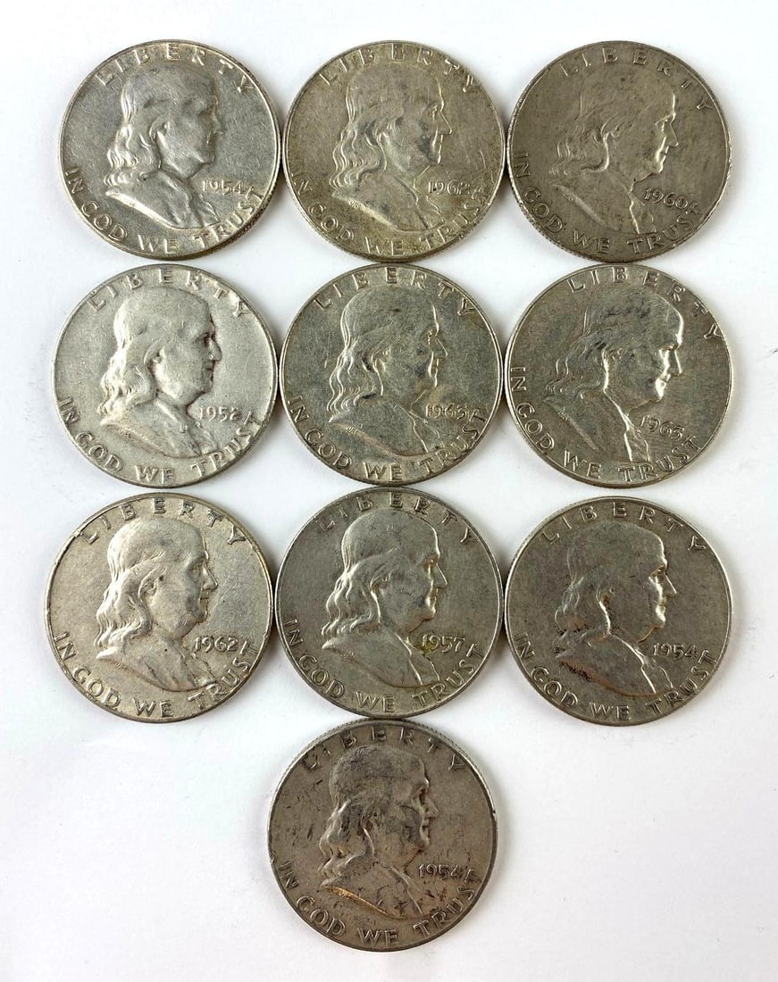 Group of 10 US Franklin Silver Half Dollars: Includes years 1960, 1962, and more.