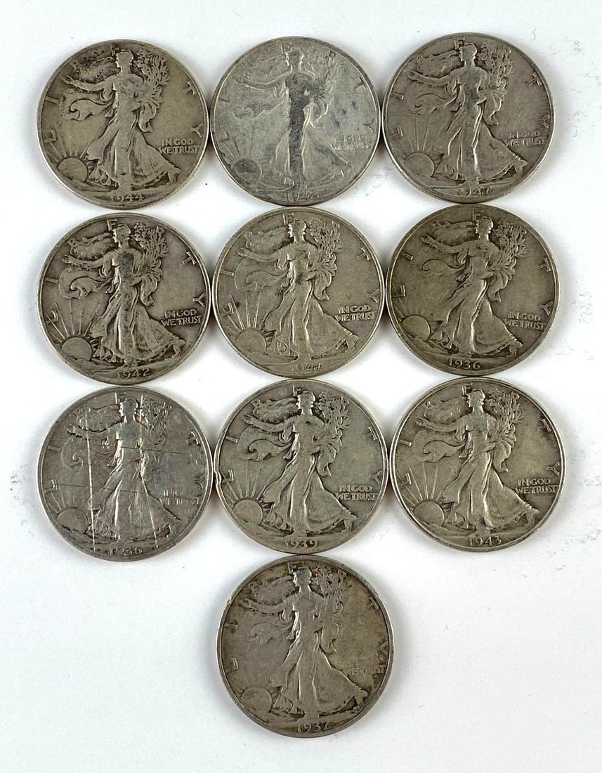 Group of 10 US Walking Liberty Silver Half Dollars (1 of 2)