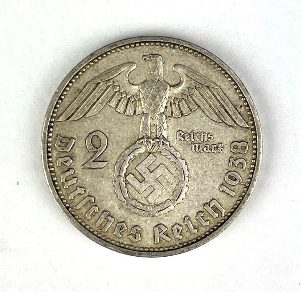 1938 WW2 German Paul von Hinderburg 2 Reichmark Silver Coin: 1938 WW2 German Paul von Hinderburg 2 Reichmark Silver Coin