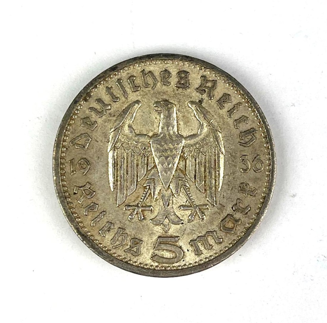 1936 WW2 German Paul von Hinderburg 5 Reichmark Silver Coin: 1936 WW2 German Paul von Hinderburg 5 Reichmark Silver Coin