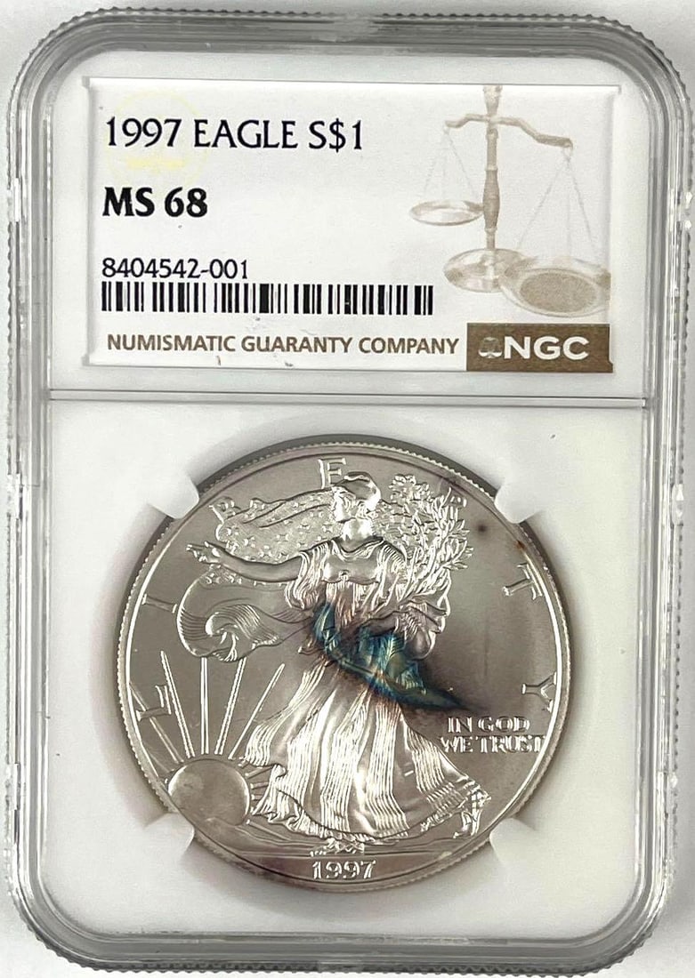 1997 US $1 American Silver Eagle 1 oz .999 Fine Silver NGC MS68: 1997 US $1 American Silver Eagle 1 oz .999 Fine Silver NGC MS68