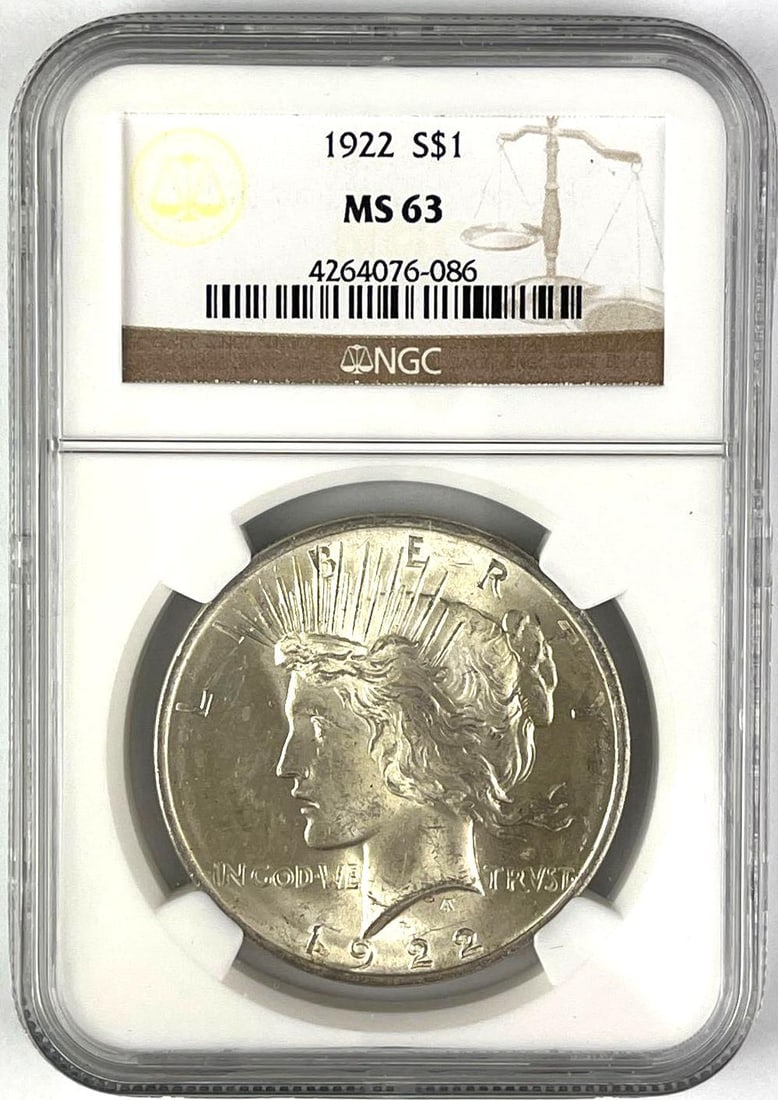 1922 Peace Silver Dollar NGC MS63: 1922 Peace Silver Dollar NGC MS63