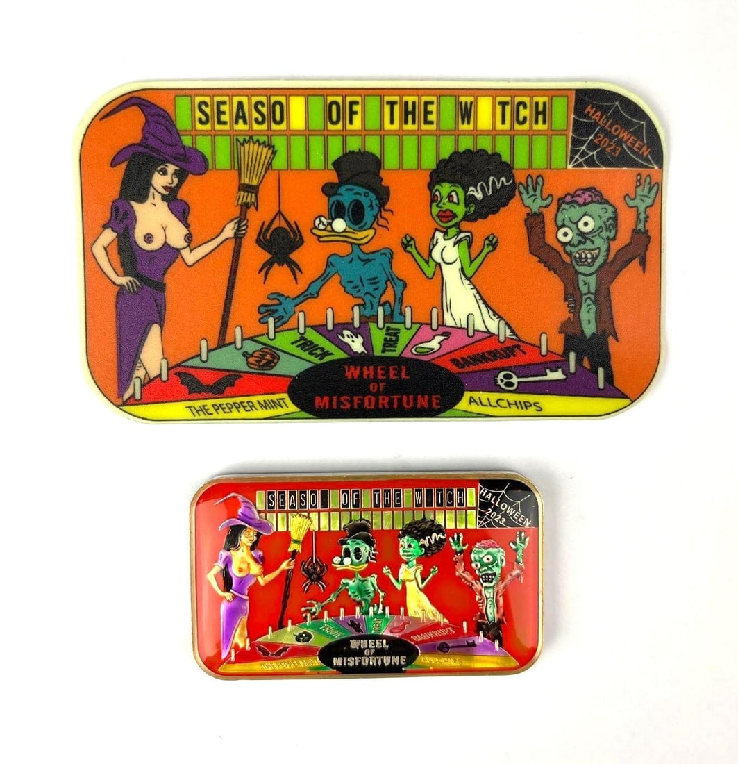 All Chips Enameled Wheel of Misfortune 1 oz .999 Fine Silver Ingot/Bar: Both sides are enameled. Includes sticker.