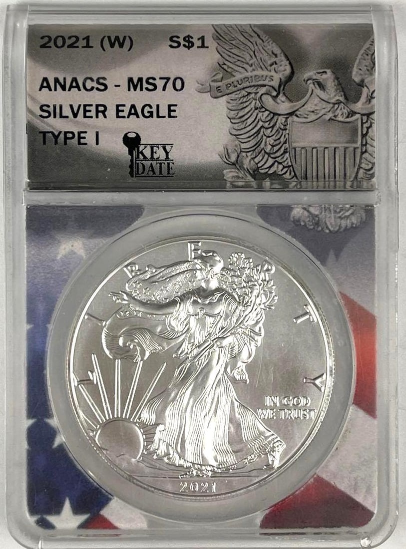 2021 W US $1 A Silver Eagle 1 oz .999 Fine Silver ANACS MS70 (1 of 2)