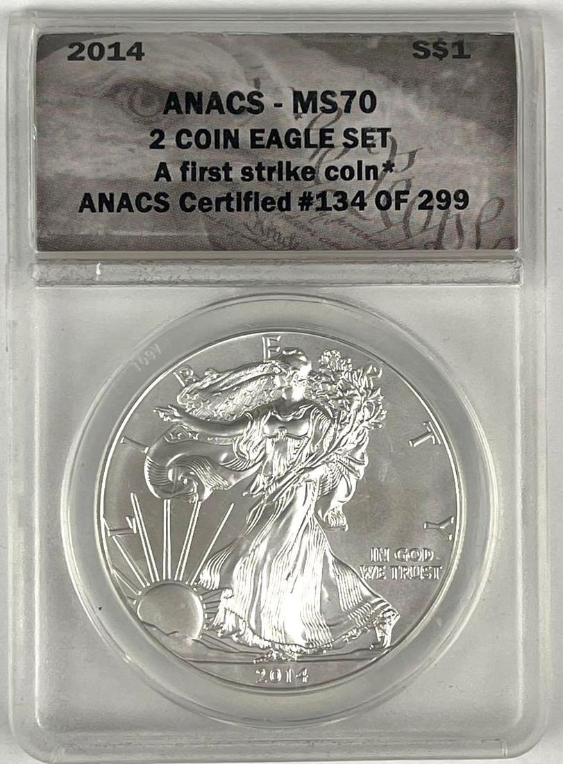 2014 US $1 A Silver Eagle 1 oz .999 Fine Silver ANACS MS70: A First Strike Coin