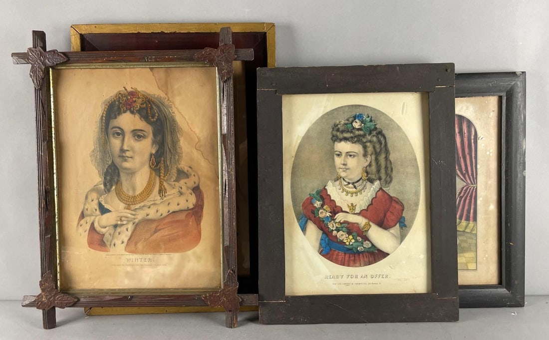 Group of Antique Currier and Ives Victorian Lady Lithographs: Includes winter, the blue eyed beauty, largest antique frame measures 21 1/2" x 15"