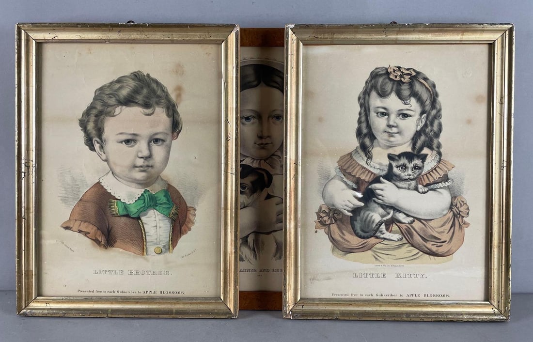 Group of Antique Currier and Ives Children Lithographs: Includes Apple Blossoms Little brother, little kitty, frames measure 16 1/2" x 12 1/2"