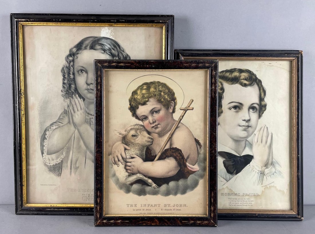 Group of Antique Currier and Ives Religious Children Lithographs: Includes morning and evening prayer, the infant St. John, largest frame measures 19 3/4" x 15 1/2"