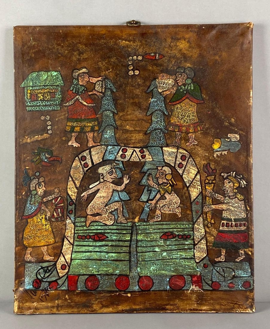 1970s Artist Signed Folk Art Painting on Leather Canvas: Artist signature on bottom left corner Some holes and tears in canvas, measures 22? H x 18? W