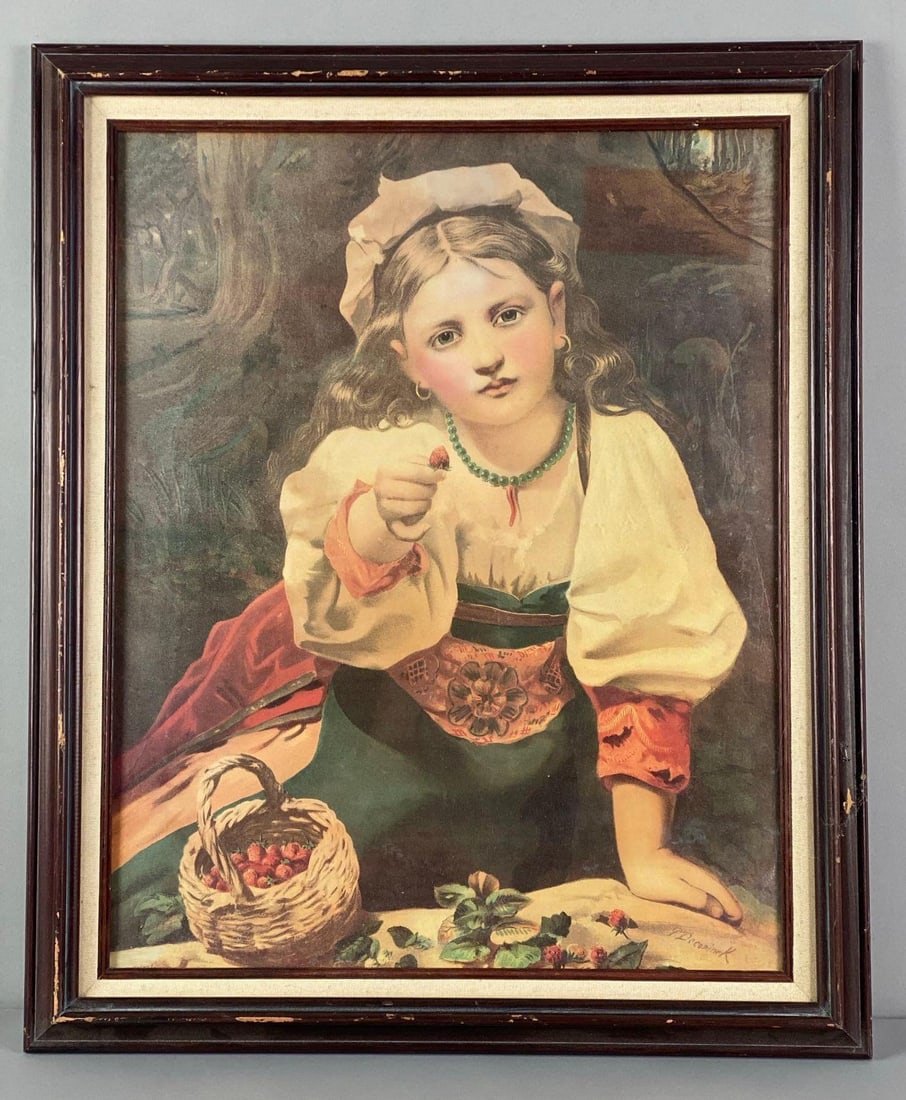 Pierre De Coninck Signed The Strawberry Girl Print: Artist signature on bottom right corner, Frame measures 23 1/4? H x 19 1/4? W