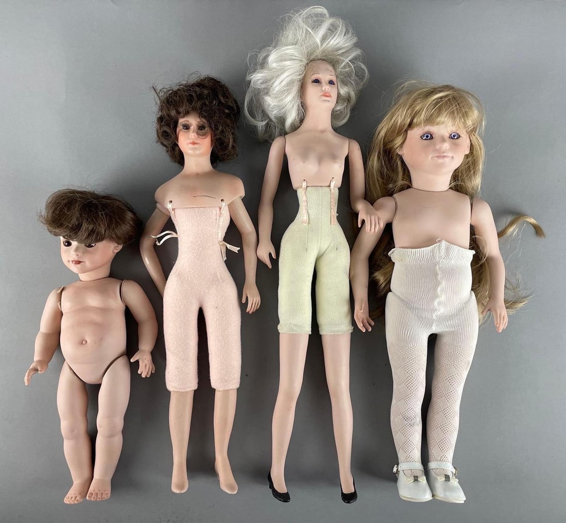 Group of Thelma Resch Porcelain Dolls and More: Verla 93 etched in each, loose joints, largest measures 21