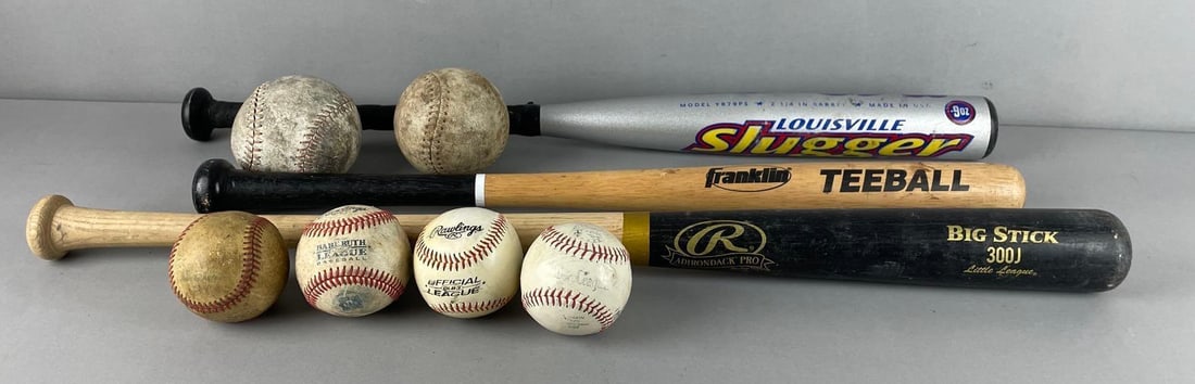Group of Baseball Bats and Balls: Includes 19 oz aluminum Louisville slugger, babe Ruth league ball, 30" big stick