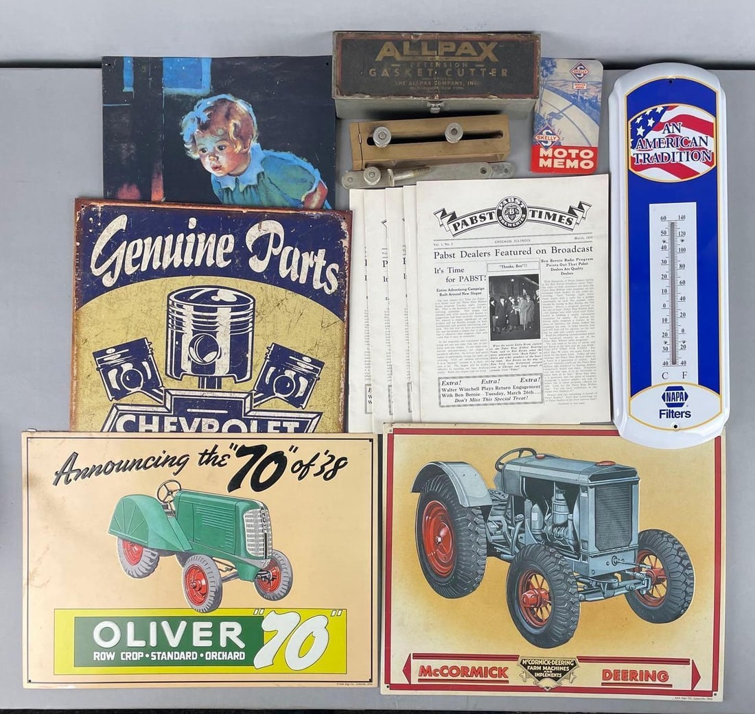 Group of Advertising Items: Includes modern tin signs, Skelly oil moto memo, Chevy parts, tractors