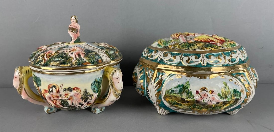 Group of 2 Antique Capodimonte Porcelain Lidded Dishes (1 of 5)