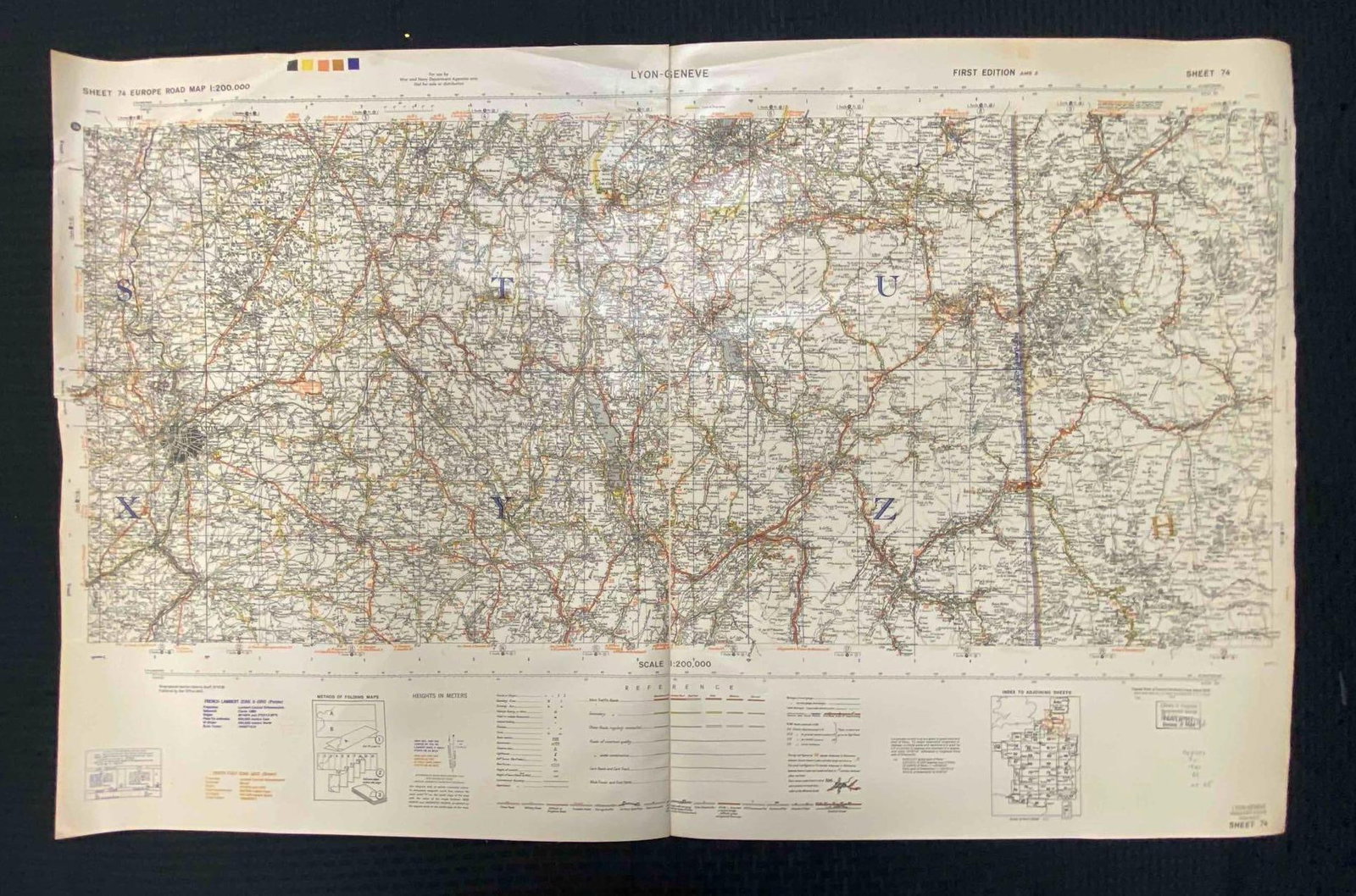 1947 WW2 Copy Map Of Lyons Geneve European Map: From the Library of Congress Division of Maps. Measures L 44 x W 26 1/2 inches. Fixed to canvas backing.