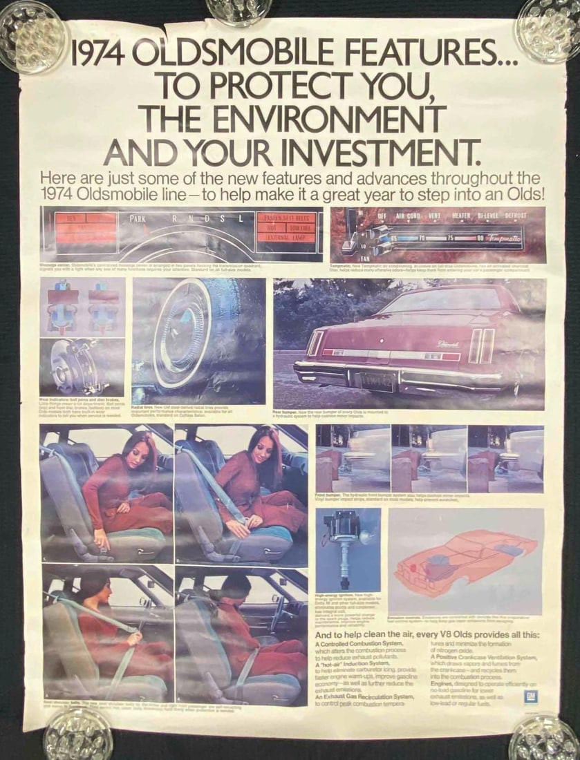 1974 General Motors Oldsmobile Advertising Print: Has some rips and tears. Measures L 50 x W 38 inches. Print holds not included.