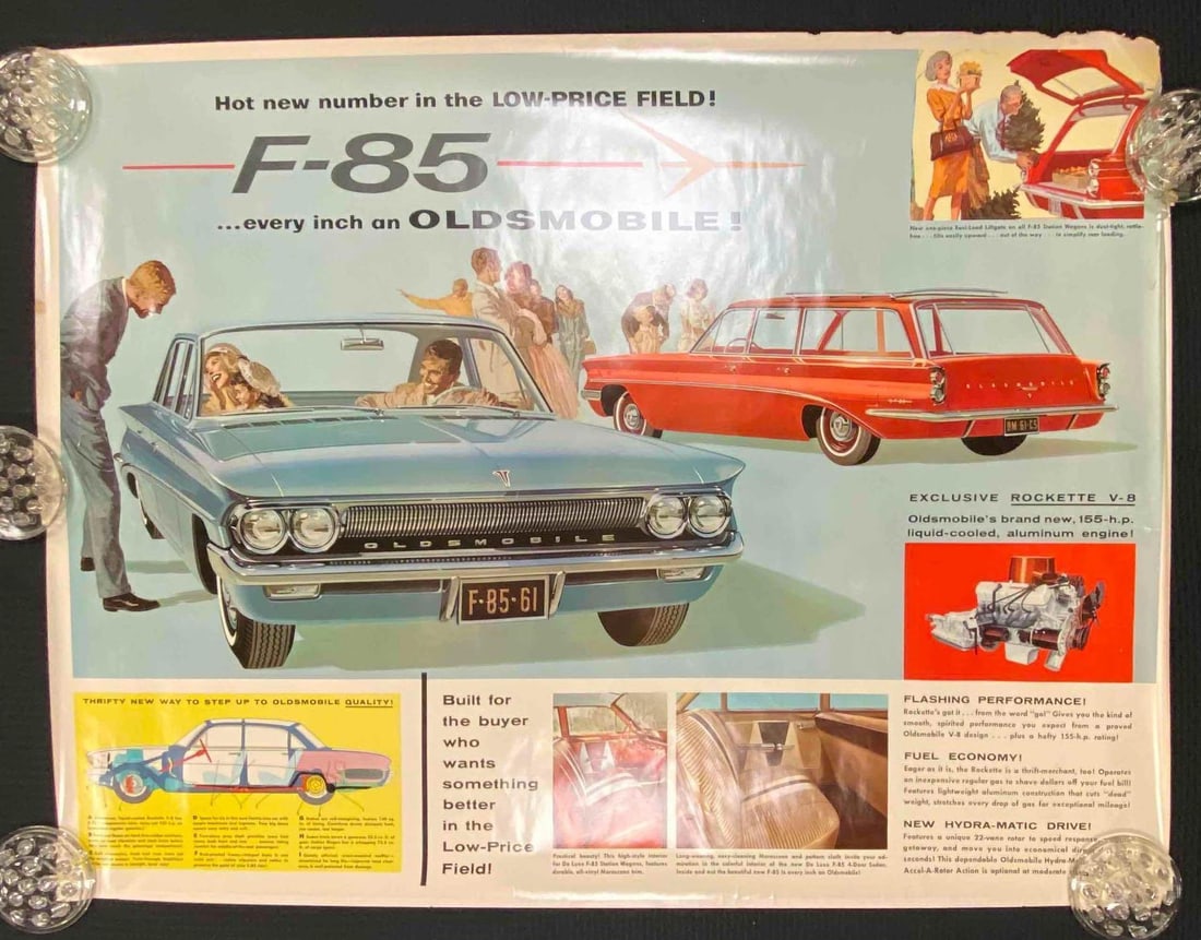 1961 General Motors Oldsmobile F-85 Advertising Print: Has rips and tears throughout. Measures L 50 x W 38 inches. Print holds not included.