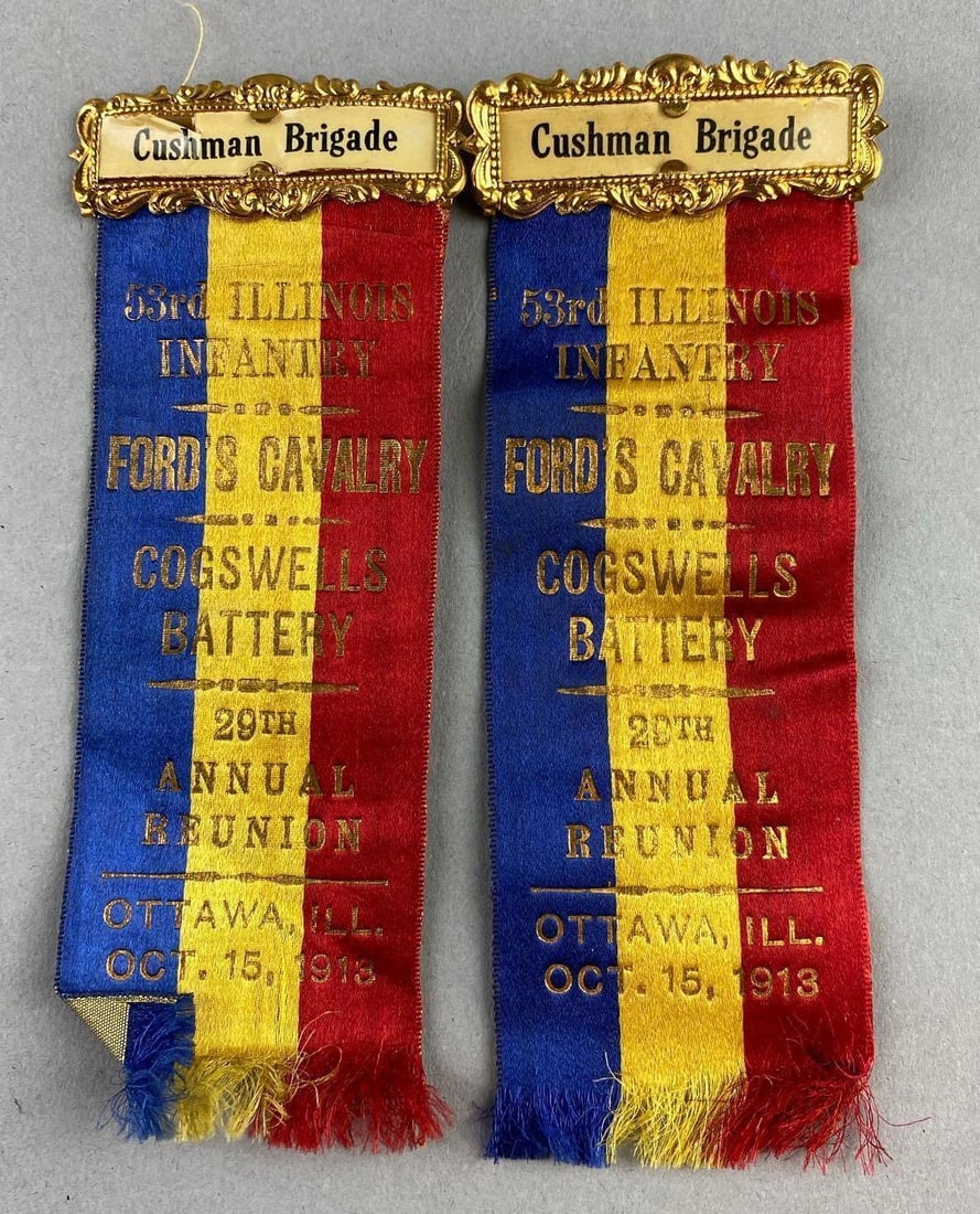Group of 2 1913 Ottawa Cushman?s 29th Annual Civil War Reunion Ribbon Pins (1 of 3)
