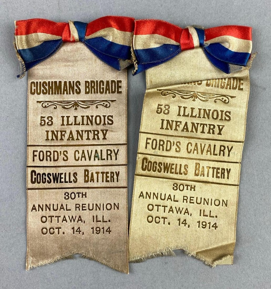 Group of 2 1914 Ottawa Cushman?s 30th Annual Civil War Reunion Ribbon Pins (1 of 3)
