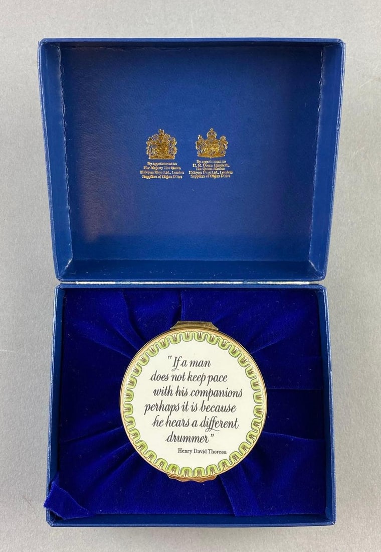 Halcyon Days Different Drummer Enamel Storage Container: Like new in original packaging. Box measures H 2 1/2 x W 4 x L 5 inches.