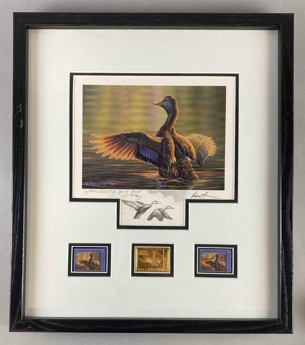 2000-2001 Federal Duck Millennium Signed Framed Print and Stamp: Signed by Artist Adam Grimm. Includes print, stamps, and gold medallion. Measures L 19 x W 17. Number 6/250.