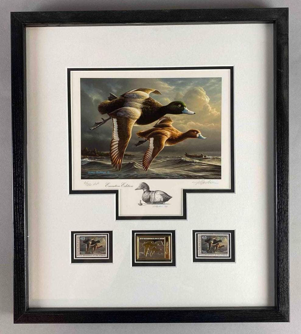 1999-2000 Federal Duck Signed Framed Print and Stamp: Includes print, stamps, and medallion. Signed by Artist Jim Hautman. Number 6/50. Measures L 19 x W 17 inches. Has COA.