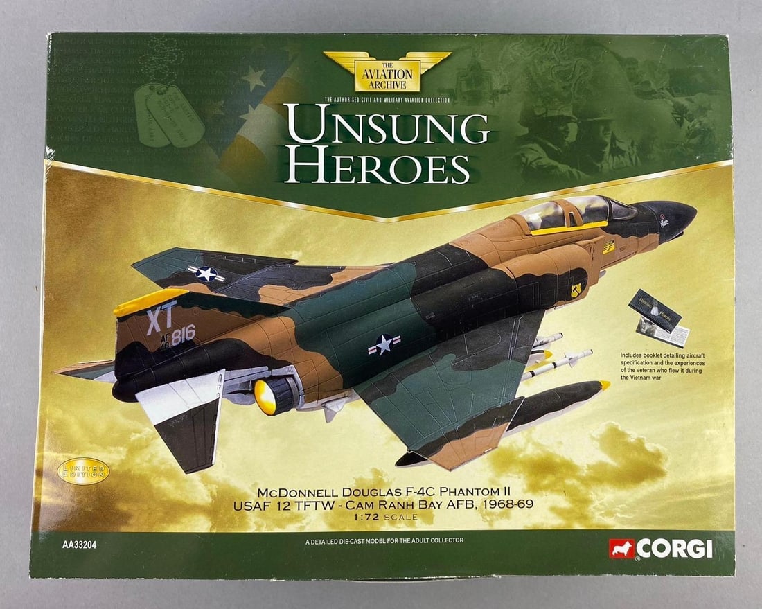 2002 Corgi Classics McDonnell Douglas F-4C Phantom II 1:72 Diecast Vehicle: Like new in original packaging. Slight water damage throughout. Measures H 4 x W 11 x L 14 inches.