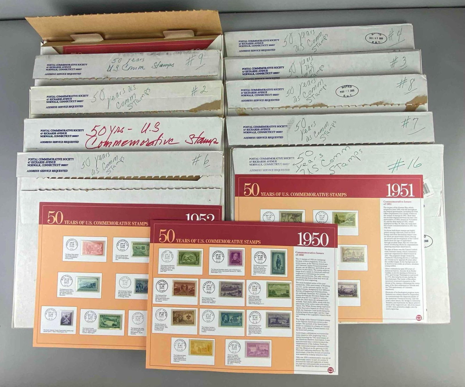 Group of 10 Fifty Years of US Commemorative Stamps and More: Largest measures L 14 x W 12 inches.