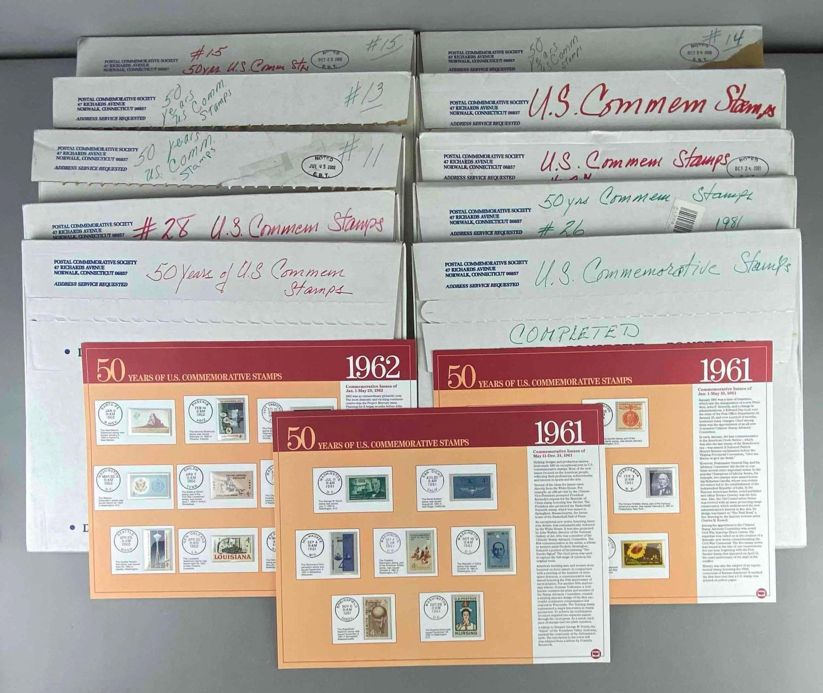 Group of 10 Fifty Years of US Commemorative Stamps: Largest measures L 15 x W 12 inches.
