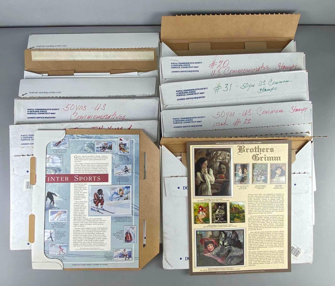 Group of 10 Fifty Years of US Commemorative Stamps: Largest measures L 15 x W 12 inches.